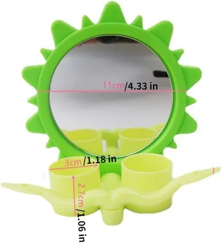 Vista 2 de Espejo de pájaro con taza verde para comer, forma divertida, perca, cacatúa, material acrílico, espejo, jaula de loro, juguetes inteligentes