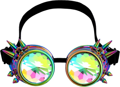 Vista 111 de Gafas de caleidoscopio retro con pinchos, gafas de cristal arcoíris steampunk estilo soldadura, gafas de cosplay punk