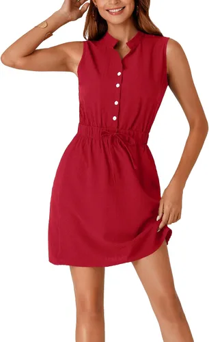 Vista 5 de LYANER Minivestido de trabajo con cuello en V para mujer, sin mangas, con botones en la parte delantera y cordón