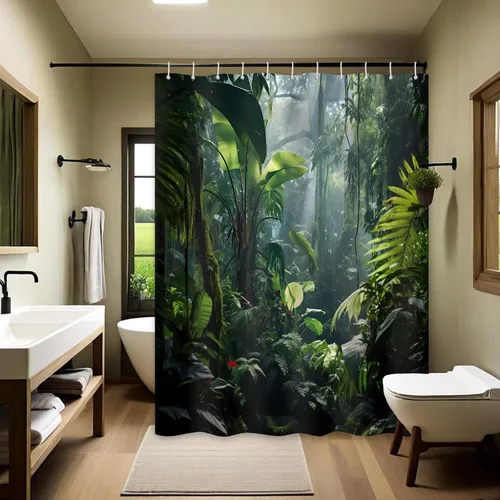 Vista 14 de Cortina de ducha verde de selva naturaleza bosque selva tropical paisaje planta tropical decoración de baño, tela impermeable con ganchos, 36x72