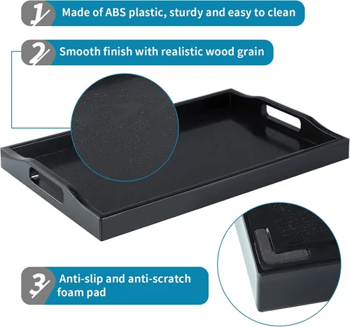 Vista 4 de MDLUU Juego de 3 bandejas de plástico para servir con asas recortadas, bandeja rectangular para mayordomo para desayuno en la cama, mesa de café