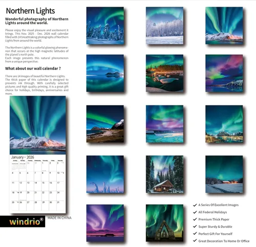 Vista 2 de Calendario de pared 2026, calendario 2026, julio de 2025 a diciembre de 2026, calendario de pared Aurora, 12 x 24 pulgadas abierto, página completa