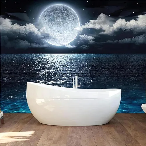 Vista 3 de Papel tapiz fotográfico grande 3D de luna brillante en el mar, murales de pared con vista nocturna de cielo nocturno, papel tapiz mural para sala