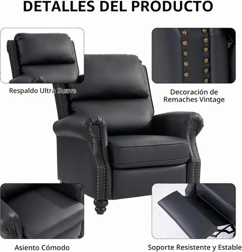 Vista 4 de CANMOV Sillón reclinable de piel sintética con decoración de remaches, sofá individual para sala de estar, color negro