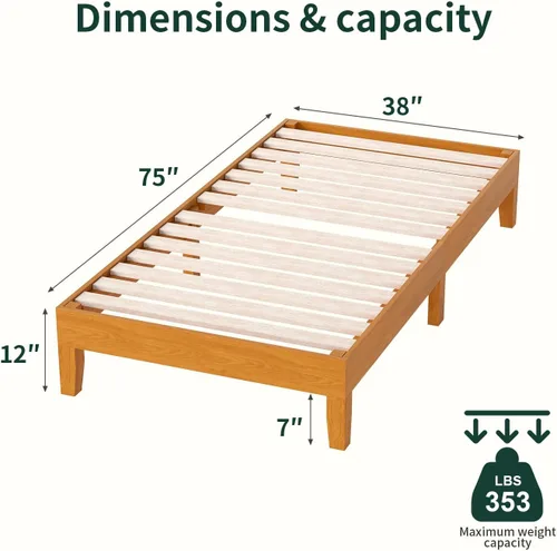 Vista 2 de BLKMTY Marco de cama de madera, cama de tamaño individual, sin plataforma de cabecero, con espacio de almacenamiento inferior, fácil montaje,