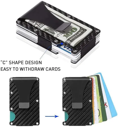 Vista 2 de Cartera de fibra de carbono soporte para tarjeta de crédito con bloqueo RFID clip de dinero minimalista delgado para hombres y mujeres negro