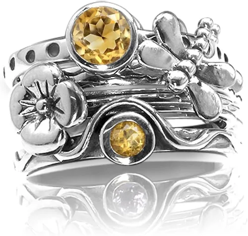 Vista 12 de Silvershake Juego de 4 anillos apilables de plata de ley 925 chapados en oro amarillo con piedras preciosas de forma redonda, con acabado antiguo