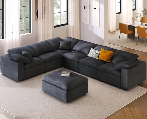 Vista 18 de Sofás modulares de nube seccionales para sala de estar, sofá modular grande con otomana, sofá de 3 plazas en forma de L con almohada, color beige