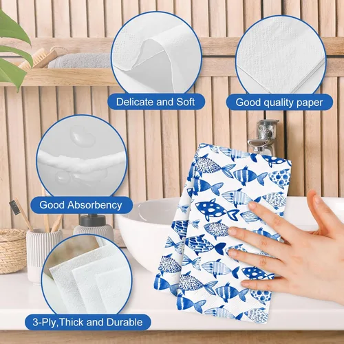 Vista 7 de 80 servilletas de papel desechables de peces oceánicos de acuarela azul, servilletas de papel decorativas para cena, toalla de mano para verano