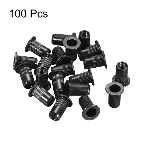 Vista 4 de uxcell Tuercas de remache M4 de acero al carbono chapadas en zinc moleteado cabeza plana roscada tuerca de inserción negra 100 piezas