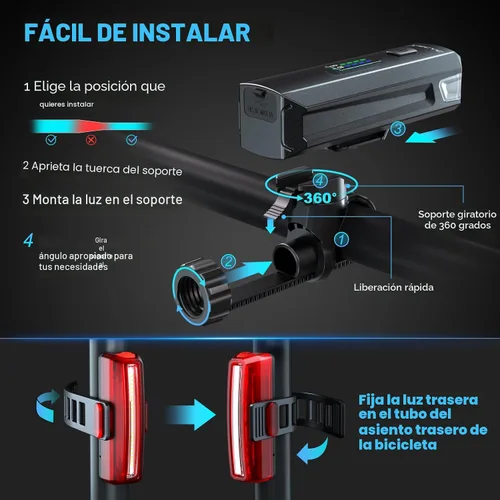 Vista 5 de APECYC Bike Lights USB-C Rechargeable Bicycle Front Headlight and Rear Taillight with 4+5 Light Modes, Waterproof Bike Light Set for Night Riding
