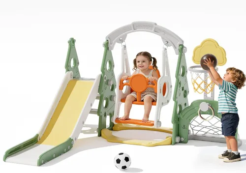 Vista 13 de XJD - Juego de tobogán y columpio 6 en 1 para niños pequeños, tobogán para niños de 1 año en adelante, juego de exterior para niños pequeños con aro