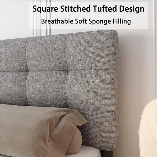 Vista 3 de Lijimei Base de cama Queen con cabecero, base de cama tapizada con soporte de listones de madera y cabecera cosida copetuda, base de colchón,