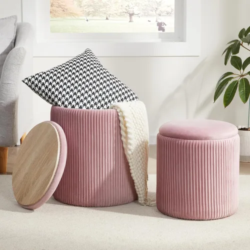 Vista 14 de Royal Windsor Boucle - Juego de 2 otomanas redondas con almacenamiento, taburete pequeño para sala de estar, mesa de centro pequeña, taburete