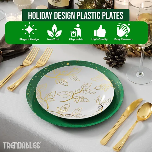 Vista 4 de Trendables Platos de Navidad desechables 100 piezas de vajilla navideña, juego de platos de plástico de Navidad incluye: 20 platos llanos de 10
