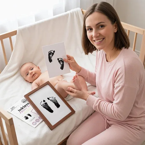 Vista 7 de Little Lullaby - Tarjetas de hitos sin tinta para manos y huellas, kit de almohadilla de tinta para recuerdos para bebé recién nacido (paquete de 6)