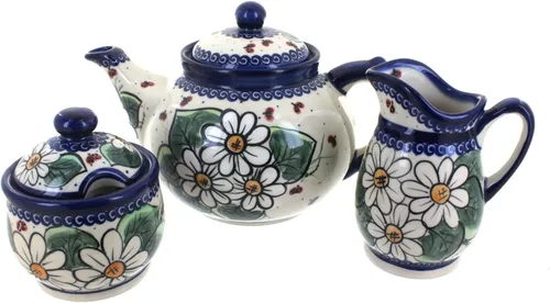 Vista 10 de Cerámica polaca de rosa azul, juego de té de 3 piezas de flor de manzana, tetera de 4 tazas, cerámica polaca pintada a mano, servicio de café y té