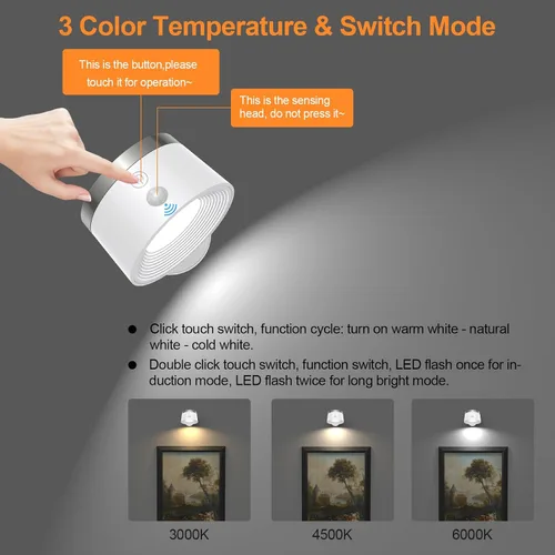 Vista 4 de Apliques de pared de fuente de luz con sensor de movimiento, luces LED inalámbricas de noche de pared con rotación de 360° y recargable, 3