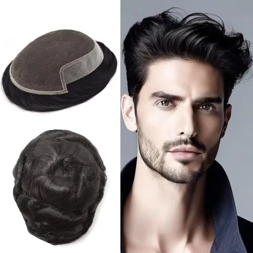 Vista 27 de FACE MIRACLE - Tupé de encaje frontal francés para hombres, postizos, sistemas de reemplazo de cabello humano con PU para hombre, prótesis