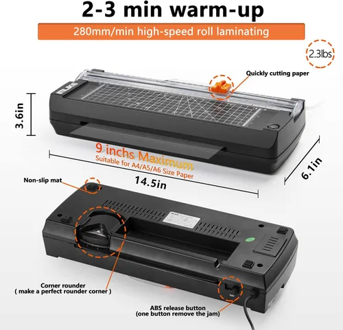 Vista 2 de IMLIKE Laminador térmico A4 con bolsas de laminación, máquina de laminación fotográfica de 9 pulgadas, recortadora de papel integrada, laminadora