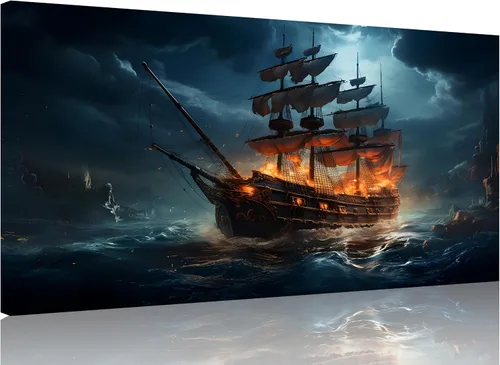 Vista 11 de TutuBeer 3 Piezas Arte de Pared Batalla Naval Barco Imagen Barco Pirata Velero Póster Barco Pirata Azul en Llamas Imagen Impresa en Lienzo Póster