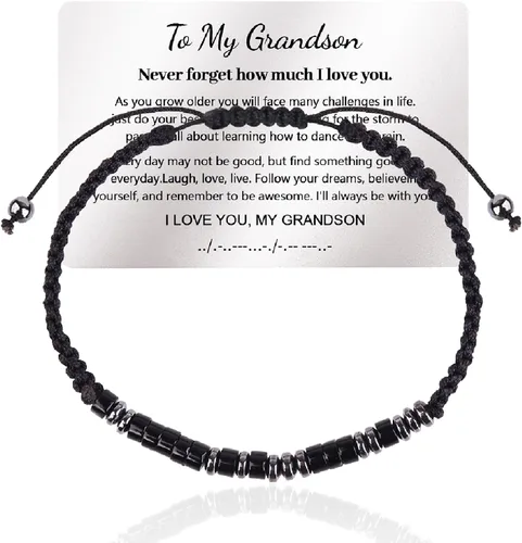 Vista 9 de Pulsera de código morse "Te quiero" con tarjeta de billetera grabada, regalos para hijo/nieto, pulsera de cuentas hecha a mano, regalos de Navidad