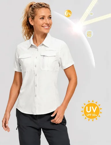 Vista 2 de Haimont Camisas de senderismo y pesca con protección solar para mujer, manga corta, abotonadas, resistentes al agua, de secado rápido
