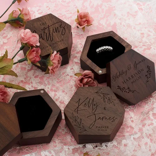 Vista 6 de Caja de anillo de madera personalizada, caja de soporte de anillo personalizada, caja de anillo de corazón de madera para ceremonia de boda, 8