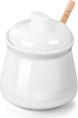 Vista 7 de LEETOYI Tarro de miel de porcelana con tapa y cuchara de miel, olla de miel de cerámica, 12 onzas (beige)