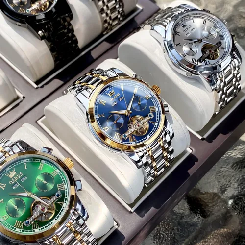 Vista 3 de OLEVS Relojes automáticos mecánicos Tourbillon de acero inoxidable, impermeables, luminosos, de lujo, para hombre