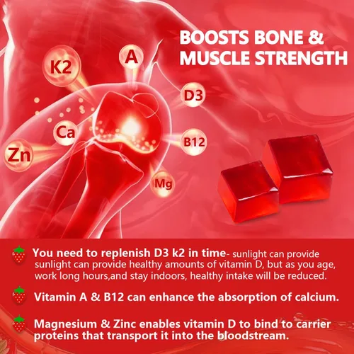Vista 4 de Gomitas de vitamina D3 K2, sin azúcar, veganas, extra fuertes, con calcio y magnesio y zinc, para apoyo inmunológico, dientes óseos, salud