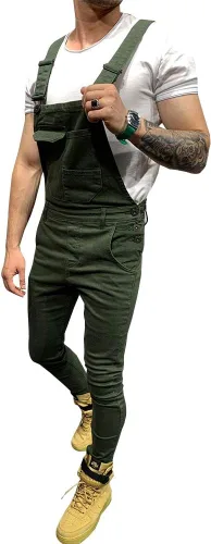 Vista 2 de LONGBIDA - Jardinera de mezclilla para hombre, ajuste entallado, moderno, con bolsillos