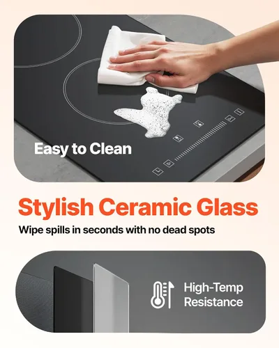 Vista 9 de VEVOR - Estufa eléctrica integrada, encimera de 12 pulgadas con 2 quemadores, cocina radiante de vidrio de 240 V con control táctil de sensor