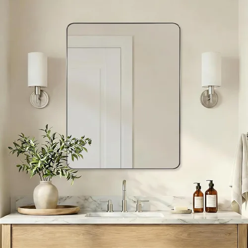 Vista 14 de ANDY STAR Espejo de pared cuadrado para baño, espejo de baño negro mate de 24 x 24 pulgadas, espejo de metal de esquina redondeada en marco de acero
