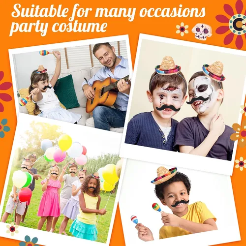 Vista 3 de Pasimy Juego de 12 sombreros de fiesta de mini sombrero, bigotes falsos, 6 diademas mexicanas con 6 bigotes para disfraz de Halloween