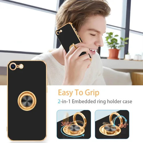 Vista 5 de Fingic Funda para iPhone SE 2022, iPhone SE 2020 [con soporte de anillo de 360°] [soporte magnético giratorio] [chapado en oro brillante] Funda