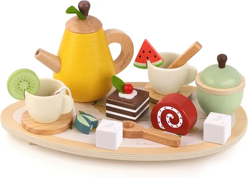 Vista 8 de PairPear - Juego de juguetes de panadería de madera, accesorios de cocina de alimentos de simulación para niños con bolsa de compras, juguetes