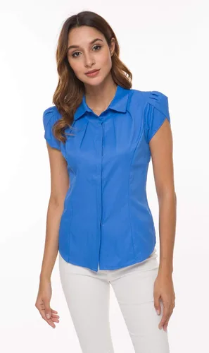 Vista 4 de Blusa de algodón con cuello para mujer de negocios casual con botones tipo polo manga tulipán