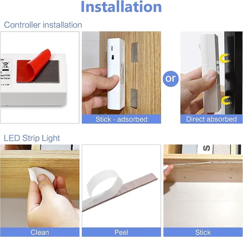 Vista 6 de WOBANE Tira de luz recargable con sensor de movimiento, luces LED para armario, escalera, despensa, armario, cama, casillero, 2700 K, blanco cálido