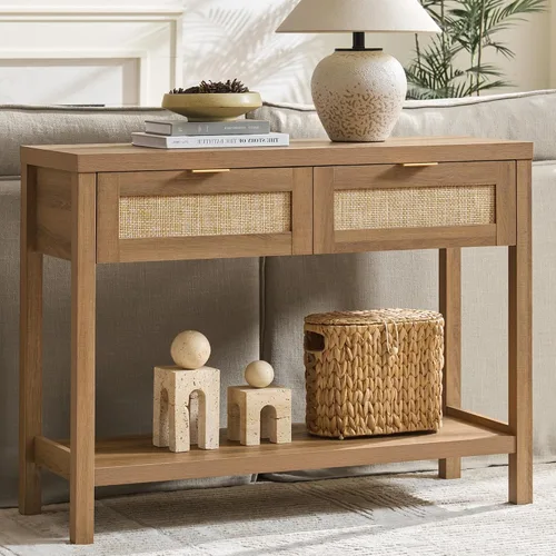 Vista 10 de SICOTAS Mesa consola negra con cajones de ratán - Mesa de entrada de ratán boho con almacenamiento, mesas consola pequeñas para entrada, mesa