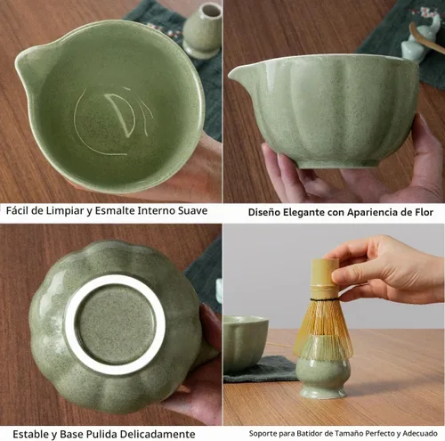 Vista 6 de Juego de Batidor de Matcha, Kit de Matcha Japonés de 7 Piezas que Incluye Tazón de Matcha con Pico, Batidor de Bambú, Soporte Chasen, Tamiz de Acero