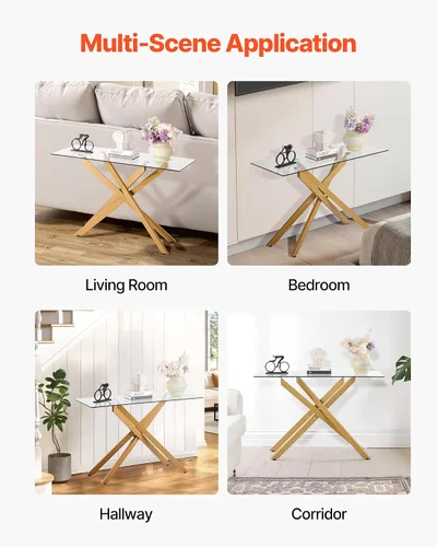 Vista 8 de VEVOR Mesa de comedor de cristal, moderna mesa de entrada rectangular con parte superior de vidrio templado y patas cruzadas de hierro, escritorio