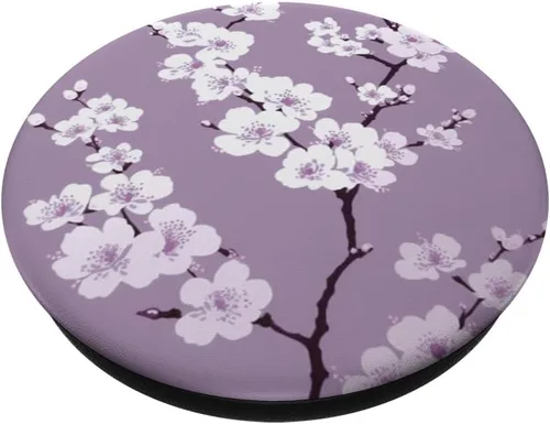 Vista 2 de Flores de cerezo de flor blanca en PopSockets morados intercambiables PopGrip
