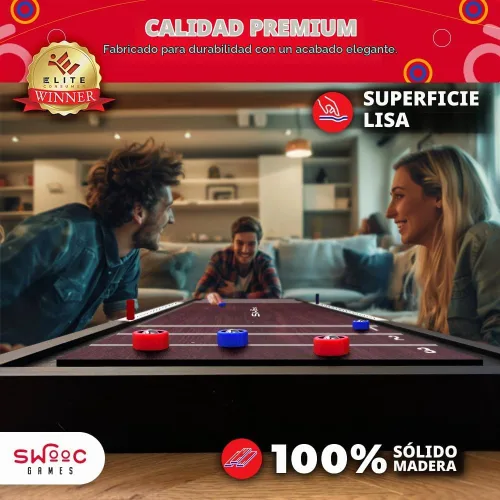 Vista 3 de Swooc Games® Shuffleboard y Curling Premium 2 en 1 Mesa de Shuffleboard de Madera Maciza 100% (4 pies) Más de 5 Formas de Jugar