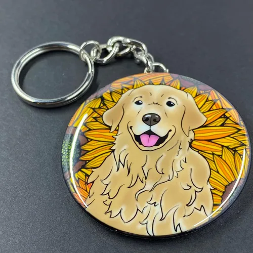 Vista 2 de Golden Retriever Sunflower Keychain - Floral Dog Key Ring - Pet Portrait Cartoon Art Gifts & Collectible Accessories