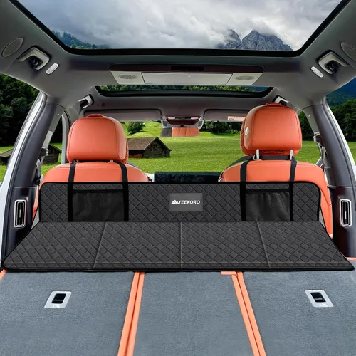 Vista 14 de Placa de extensión de asiento trasero de automóvil, extensor plegable de asientos traseros para dormir, aumenta el maletero de viaje y el espacio