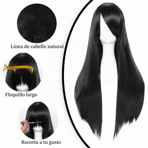 Vista 3 de anogol Vocaloid 32" 80 cm de largo recto de Cosplay peluca Pelucas Para Fiestas Halloween, Negro