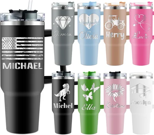 Vista 8 de Vaso personalizado de 40 onzas con asa de nombres, taza de café personalizada con tapas y pajitas, regalos para mujeres, hombres, él, madre, papá