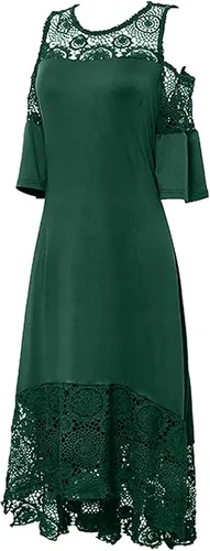 Vista 6 de MOBCTG Vestido indio para mujer, vestido de moda con costuras de encaje con volantes de manga corta sin tirantes, vestido de tubo sin tirantes