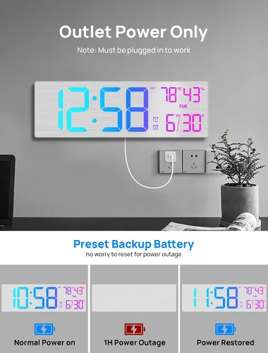 Vista 8 de MASHI Reloj de pared digital grande de 18.5", con control remoto, doble alarma con gran pantalla LED, 10 niveles de brillo ajustable, DST, fecha